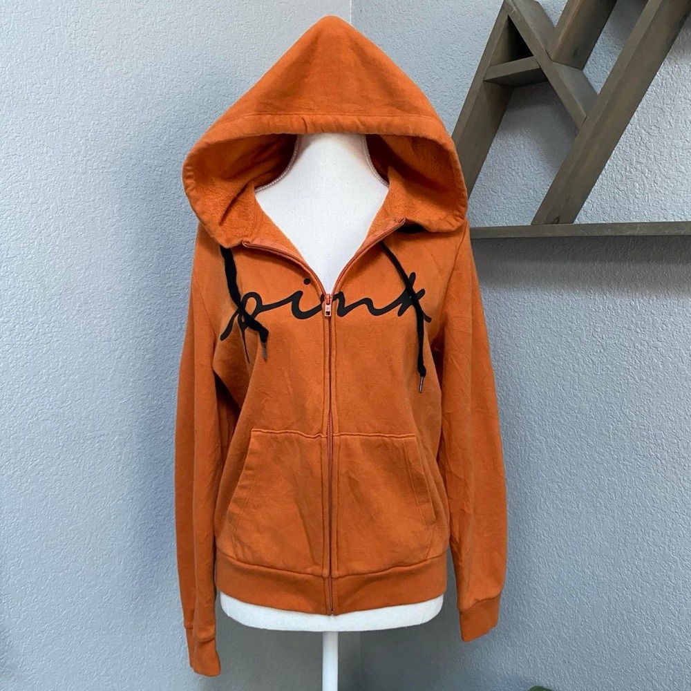 VS PINK FLEECE ZIP UP PERFECT HOODIE SMOKEY ORANGE PINK SCRIPT SPELL OUT